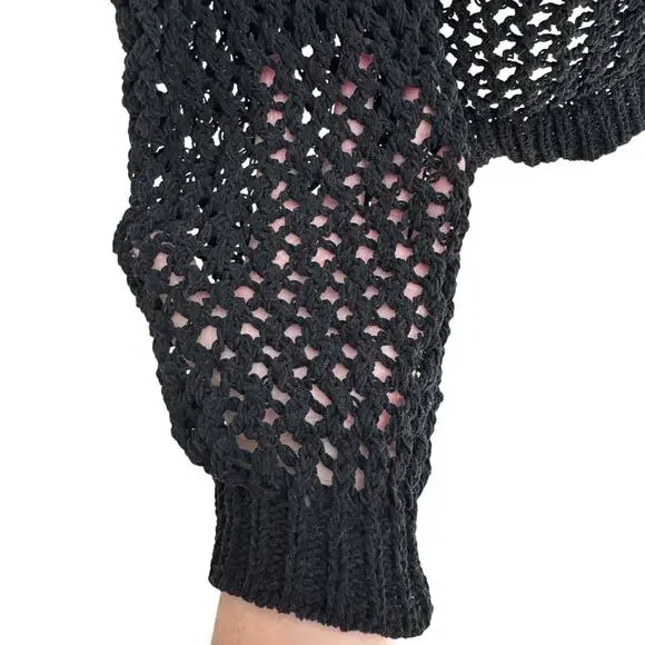 NICOLE MILLER ARTELIER Sweater Womens Medium Black Crochet Hoodie Vacation - Picture 10 of 11